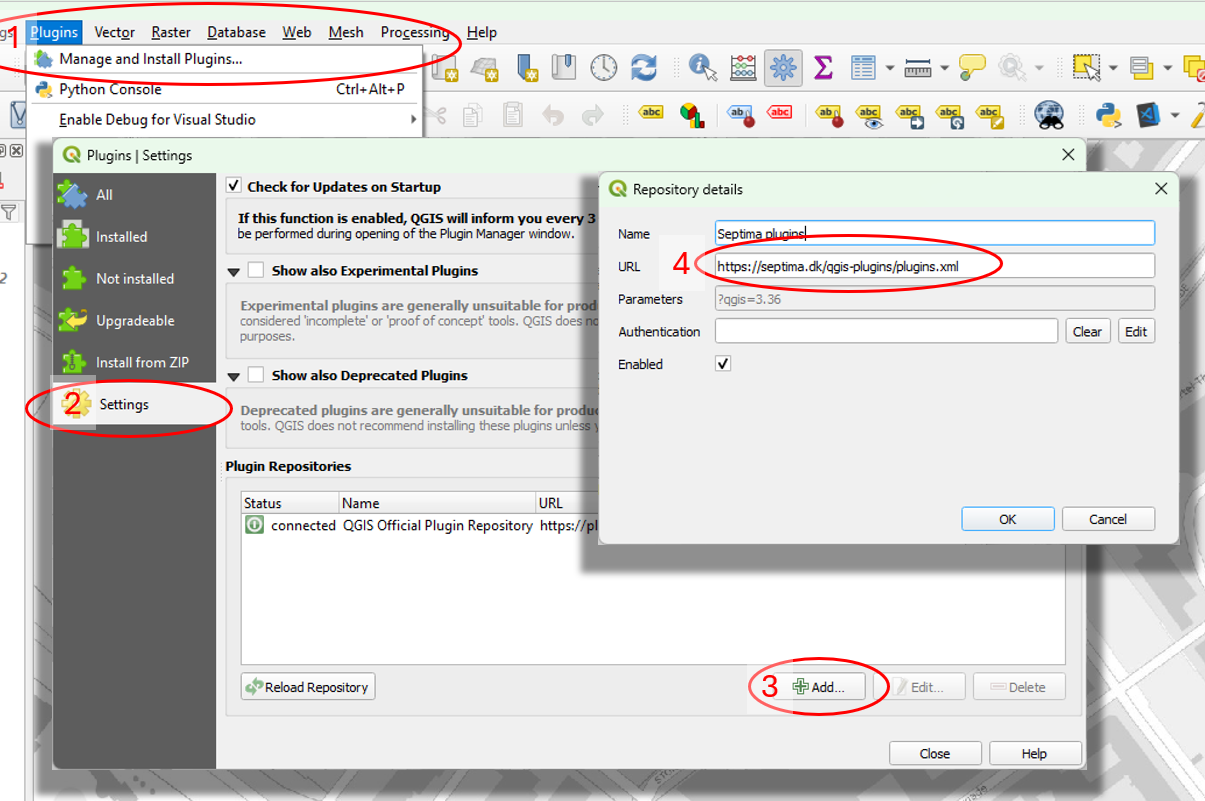 QGIS: Plugins → Manage and Install Plugins, fanen Settings, Add repository med navn og URL til Septimas pluginkatalog