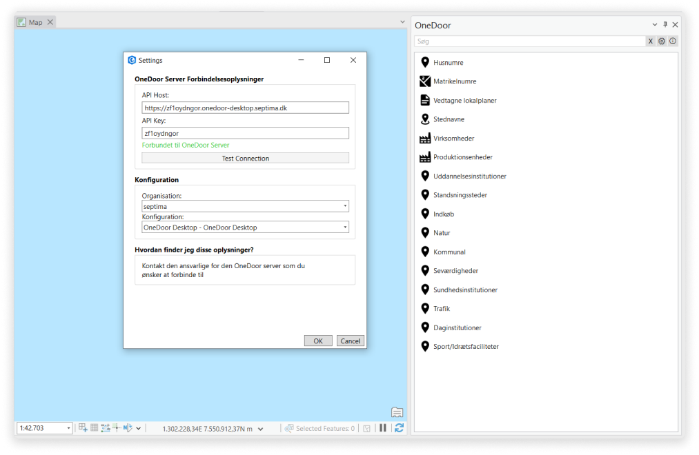 Illustration: API Host, API Key og Test connection i OneDoor-panelet